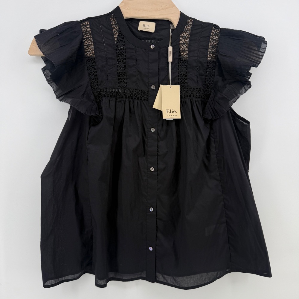 Elie Tahari Woman Black Cotton Lace Crochet Flutter Sleeve Blouse 2X NEW